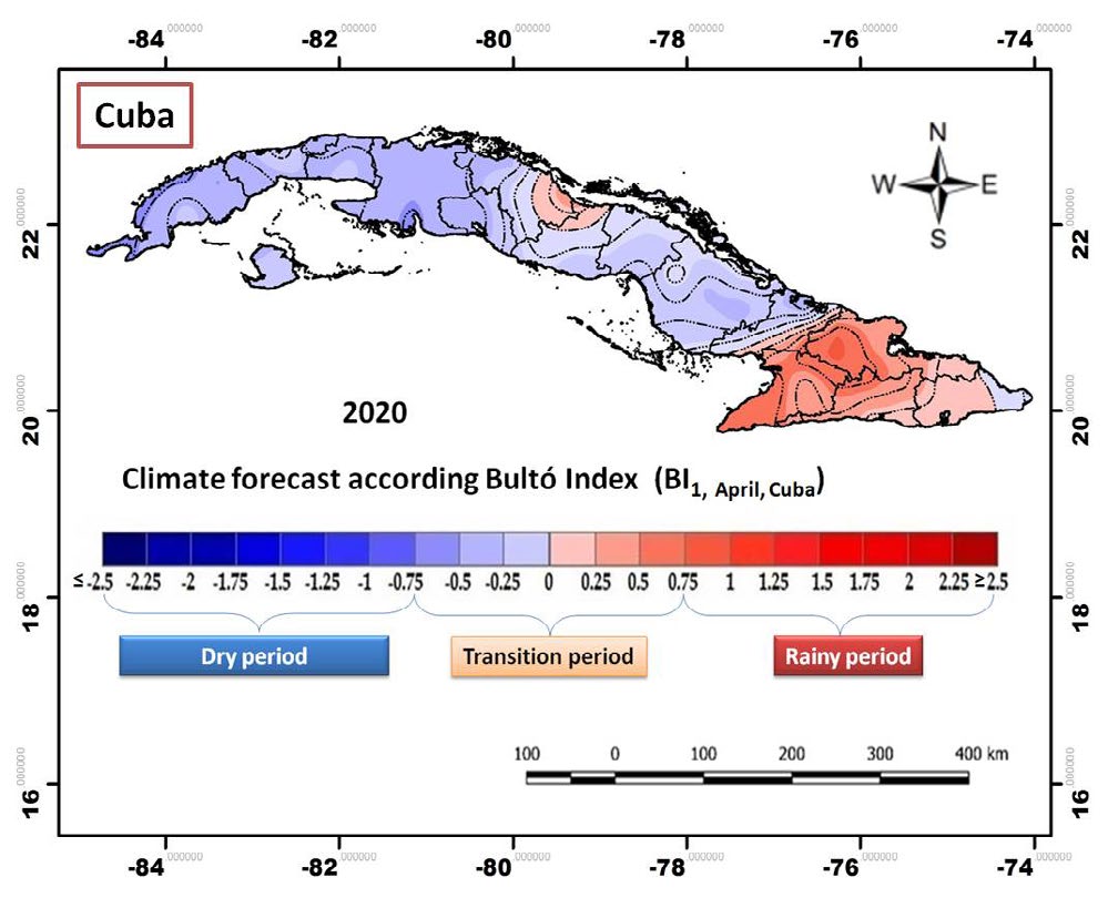 Figure 4: Prediction the climatic anomalies according to climate índex BI1,April,Cuba.
