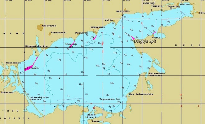 Figure 11: Areas of the Azov sea, where there may be a similar type of short-term catastrophic floods (marked in red).