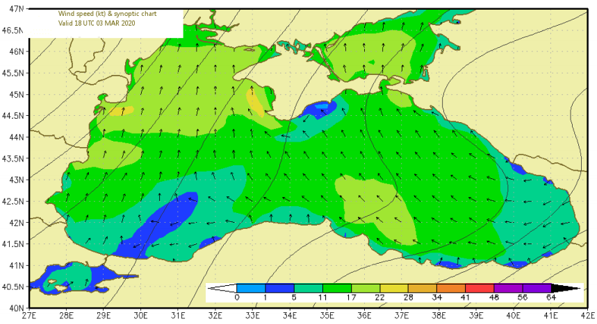 Figure 9: Wind speed and synoptic maps on 4, 5 and 6 March 2020.