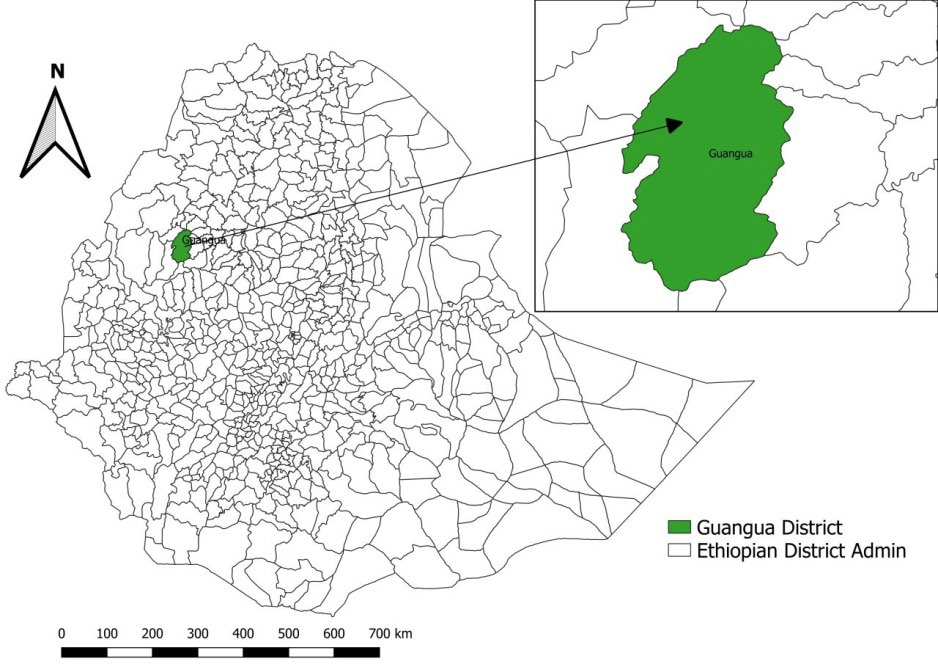 Figure 1: Map of Guangua district and its surrounding districts, (Developed by GIS, 2020).