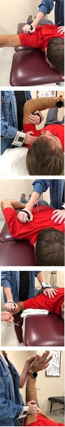 Figure 1: A: Dynamometer testing positions for pectoralis major; B: lower trapezius; C: rhomboids; D: serratus anterior and E: external rotators.