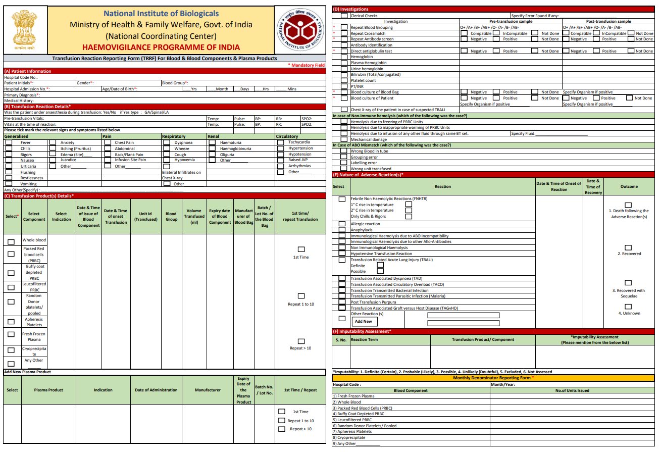 Figure 1: Transfusion Reaction Reporting Form.