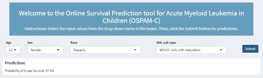Figure 1: OSPAM-C online survival prediction tool for pediatric AML patients.