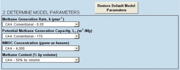 Figure 4: LandGEM Model parameters inputs.