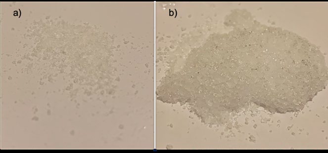Figure 1: Superabsorbent polymers: a) polyacrylate salts before waterisation; b) hydrogel generated after waterisation.