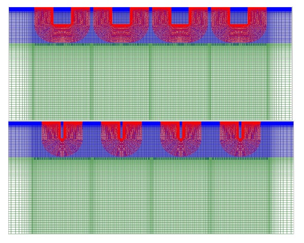 Figure 1: Pipe mesh, consisting of several sections with a turbulator located in the middle with a cross-section in the form of a rib (upper figure) and a square cross-section (lower figure), inlet and outlet smooth sections; periodically considered.