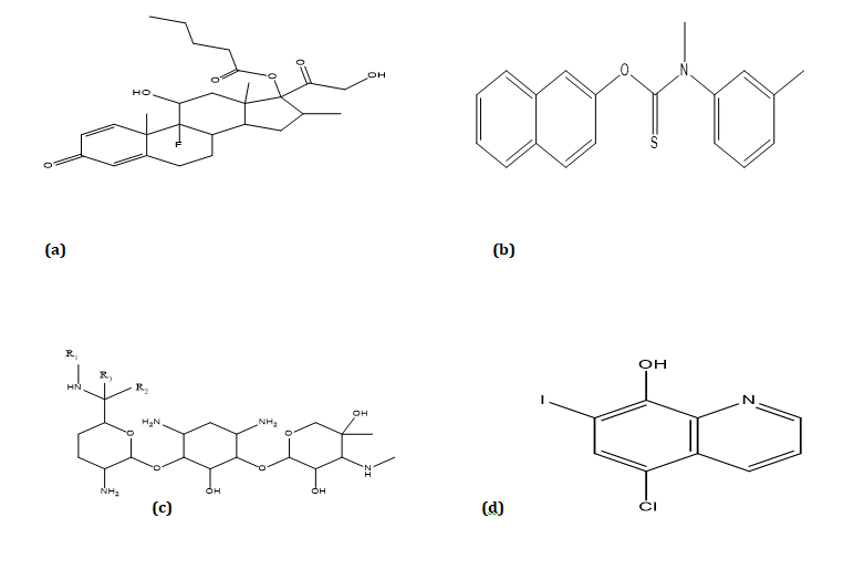 Figure 1: The chemical structures of (a) betamethasone valerate (BV), (b) tolnaftate (TF), (c) gentamicin (GM), and (d) clioquinol (CQ).