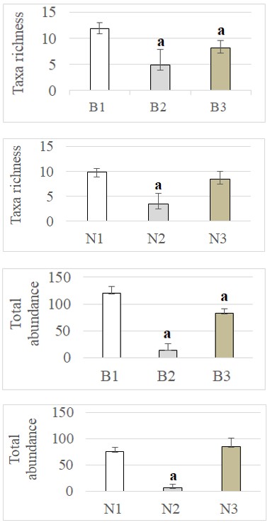 Figure 2: Biological indices associated with the two streams (Bihissi and Nko). The letter “a” indicates the biological indices of the stations under the bridge and the stations downstream of the bridge that differ from the station upstream of the bridge. Error bars indicate standard error.