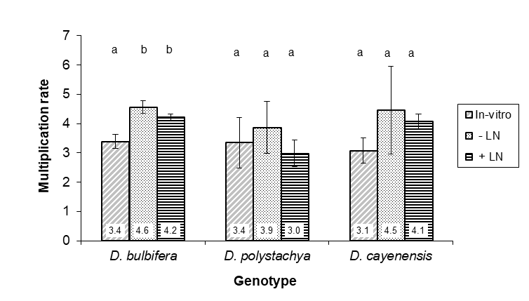 Figure 1: In vitro multiplication rate of cryopreservation, cryoprotectant (PVS2) treatment and in vitro culture derived yams (Dioscorea spp.) of 3 genotypes (species) after measurement of 3 replications with 18 plantlets each. Column on each genotype with the similar letter indicate no significant difference at α = 0.05 based on Tukeys' test. Bars indicate standard error.