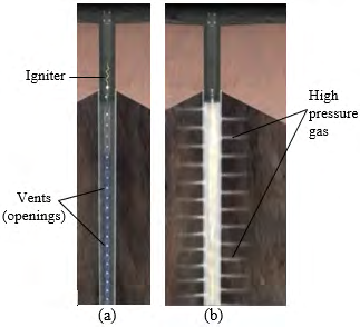 Figure 1: Solid propellant fracturing system: (a) propellant in a vessel; (b) gas pressurizing the wellbore.