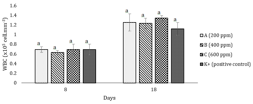 Figure 2: Leukocyte count/White Blood Cells (WBC) of common carp fish at days 8 (after immersion of H. scabra extract) and 18 (after challenged test of A. hydrophila).