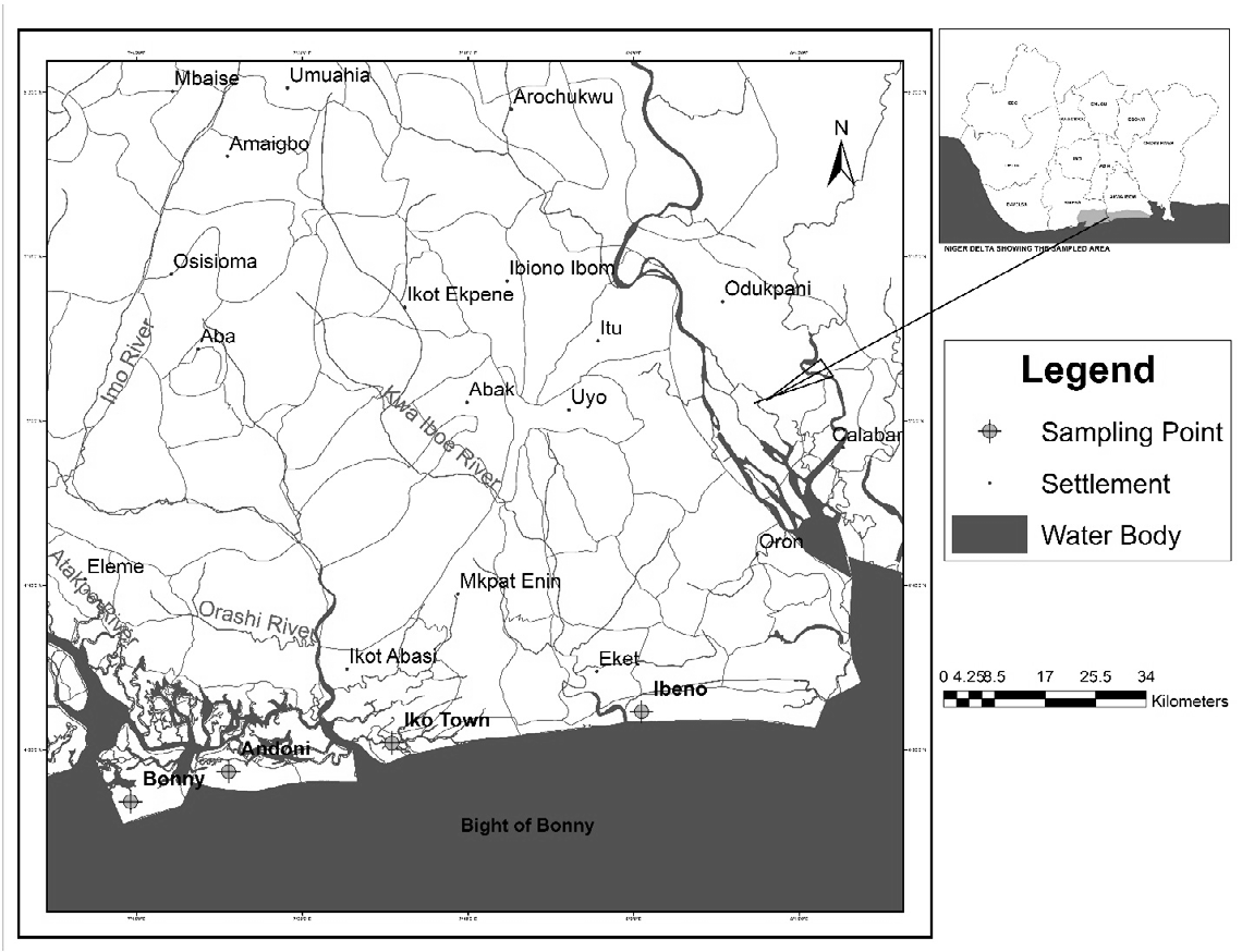 Figure 1: Section of Niger delta coastal area showing the study locations along the Atlantic coastline. Insert Map of the Niger delta region of Nigeria showing the study locations.