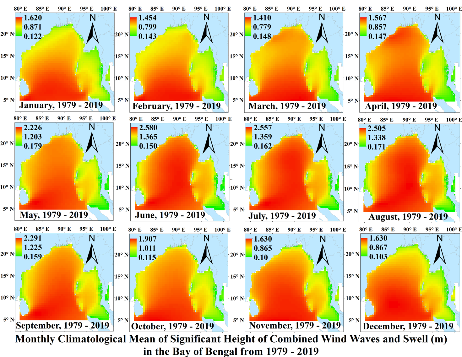 Figure 2: Spatial distribution of SWH (m) from 1979–2019 in the BoB.