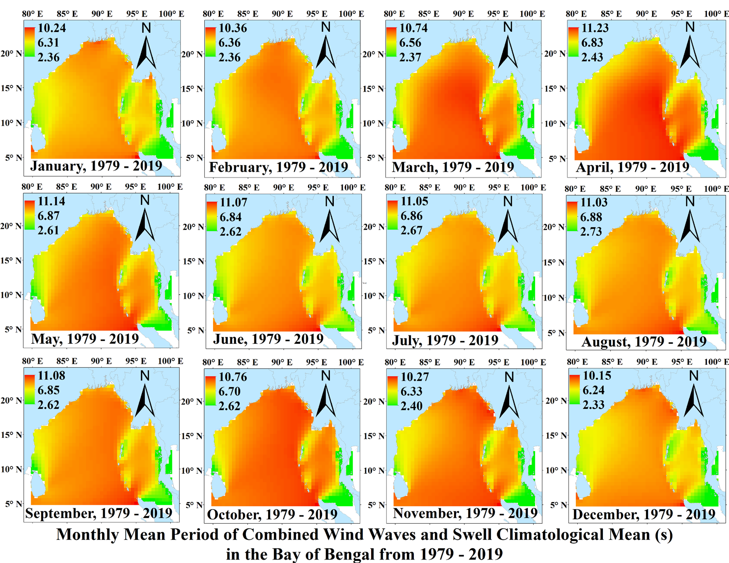 Figure 4: Spatial distribution of Tm (s) from 1979–2019 in the BoB.