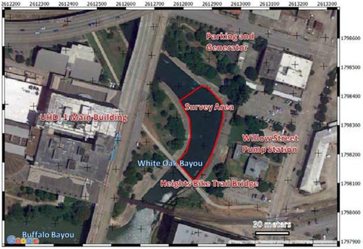 Figure 1: Location map of the field study area on White Oak Bayou on the University of Houston-Downtown campus. The reach of bayou surveyed is outlined in red and the places used as part of the training are labeled. Image created using open source QGIS (www.qgis.org), NAD83 TX (N) ft. (EPSG: 3668), scale in meters added for reference purposes.
