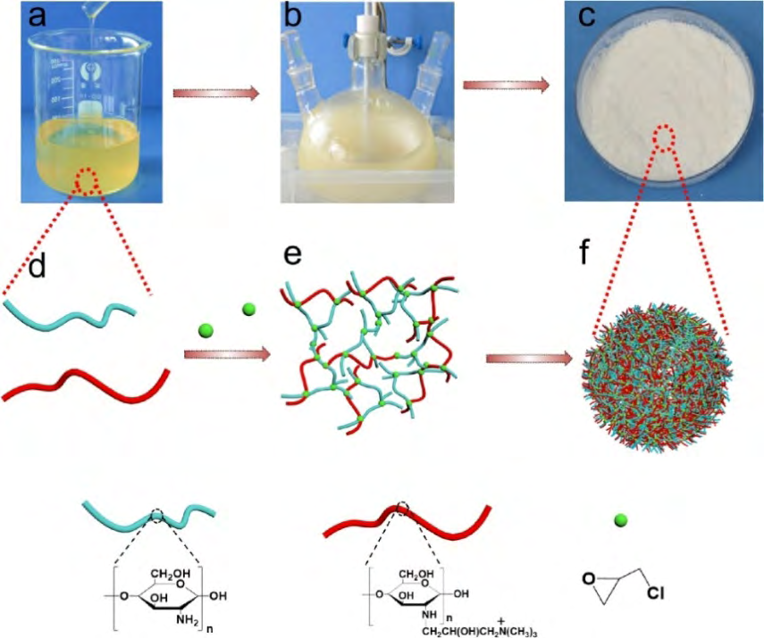 Figure 18: CCQM with lower crystallinity, higher specific surface area, pore volume, thermal stability and surface charges, presented adsorption efficiency than pure chitosan microsphere (PCM). These superior functions of CCQM resulted in ultrafast adsorption rate (within 4 min) and ultra-high adsorption capacity to anionic dyes (1500 mg g−1 for Congo red (CR) and 179.4 mg g−1 for Methyl orange (MO)). The adsorption mechanism could be explained as electrostatic interaction and hydrogen bonding led to the removal of dyes. In addition, excellent recyclability CCQM was achieved (within 10% loss after five cycles). For practical application, the CCQM could be packed in a column to purify wastewater.