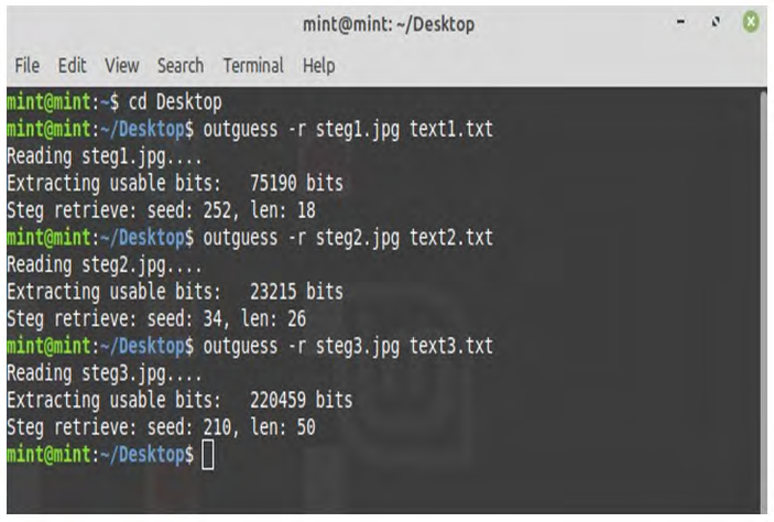Figure 4: Extracting the hidden message using Outguess_._
