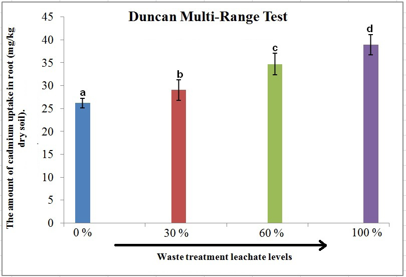 Figure 2: Duncan Multi-Range Test for different waste leachate treatments and its relationship to cadmium uptake in root of vetiver plant.