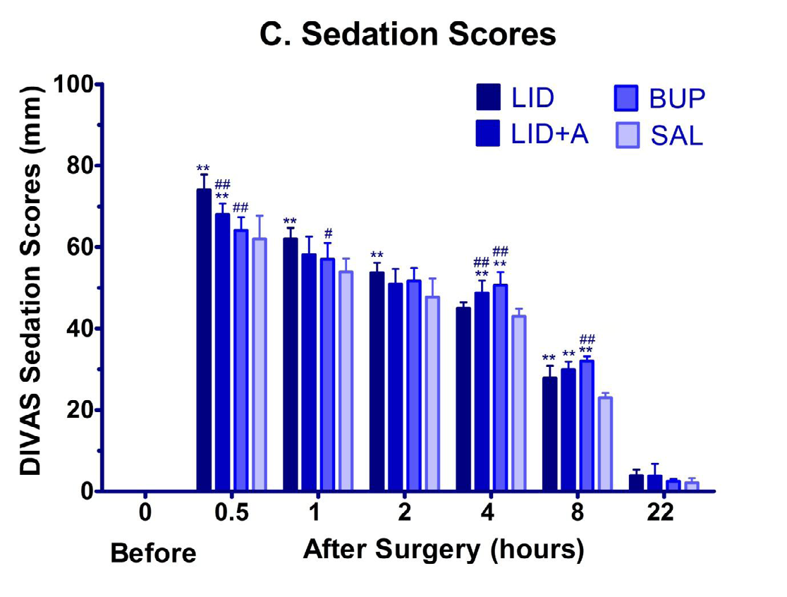 Figure 3: Sedation scores in different treatment groups at different assessment times. Basal DIVAS-sedation scores are not shown because the goats were not sedated before premedication and their scores were zero. **P < 0.01, *P < 0.05; LID/ LID+A/ BUP group vs. SAL group. ##P < 0.01, #P < 0.05; LID+A /BUP vs. LID group. ++P < 0.01, +P < 0.05; BUP vs. LID+A group; One-way ANOVA followed by Bonferroni’s post-test.