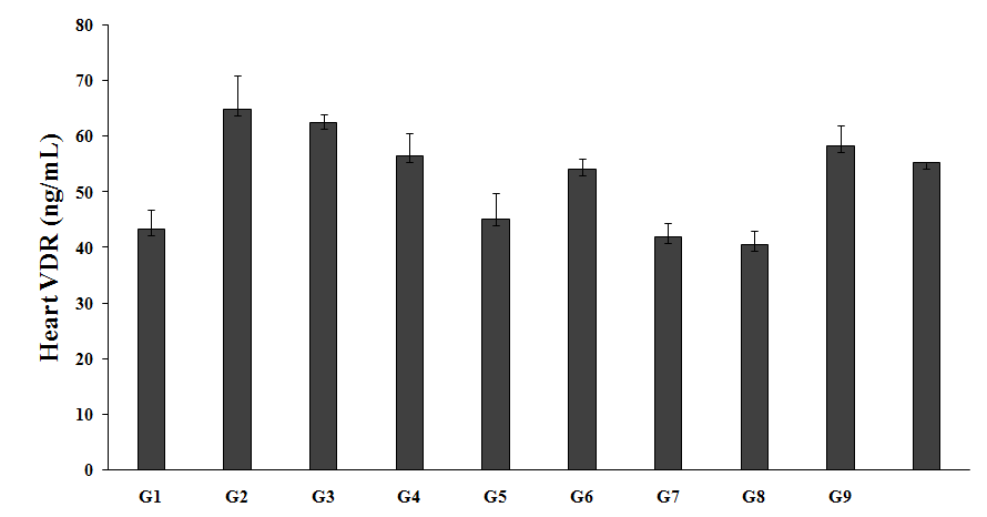 Figure 3: The level of heart VDR level in the unpredictable chronic stress (G2) was 64.78 ± 6.16 ng/mL, which was significantly increased by 49.6% as comparison with the normal control (G1, 43.31 ± 3.58 ng/mL). However, imipramine treatment (G3) showed decreased heart VDR level (62.40 ± 1.55 ng/mL) by 3.7% as compared to the G2. Untreated test formulation to the untreated rats (G4) showed decreased heart VDR level (56.51 ± 4.05 ng/mL) by 12.8% as compared to the G2. G5 group showed a decreased heart VDR level (45.08 ± 4.78 ng/mL) by 30.4% and 20.2% as compared to the G2 and G4 groups, respectively. G6 group showed a decreased heart VDR level (54.07 ± 1.95 ng/mL) by 16.5% and 4.3% as compared to the G2 and G4 groups, respectively. G7 group showed a decreased heart VDR level (41.81 ± 2.59 ng/mL) by 35.5% and 26% as compared to the G2 and G4 groups, respectively. G8 group showed a significantly decreased heart VDR level (40.58 ± 2.50 ng/ mL) by 37.4% and 28.2% as compared to the G2 and G4 groups, respectively. G9 group showed a decreased heart VDR level (58.16 ± 6.98 ng/mL) by 10.2% as compared to the G2 group. VDR are abundantly present in every cells of the cardiovascular system, with biological importance in managing the regulating blood pressure, cardiac hypertrophy and fibrosis, and controlling atherosclerosis [41-43]. Thus, the experimental data suggested that Biofield Energy Healing Treatment per se and the test formulation altered the VDR activity in cardiovascular system.