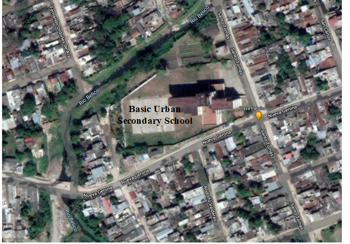 Figure 2: Satellite photo, where the “Antonio Aucar Jimenez” Basic Urban Secondary School is observed. Very close to the school runs the Belico river whose waters are murky, dirty and with high levels of contamination.