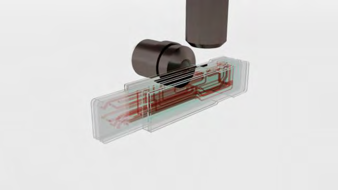 Figure 2: The cartridge is made up of multilayer plasma-bonded PDMS sheets that are crossed by a complex network of microfluidic channels of various diameters (ranging from 0.100 mm to 1 mm) that cover a total volume of about 2 mL. It’s kept warm by an aluminum warming cover. Four hydrothermal pumps are used to create buffer microflows for sample management. CELLviewer’s 13 plat form is a hybrid technology that combines a fluidic module, an optical device, electronics, and system management software. The fluidic module is designed for cartridge liquid management and is made up of motorized rotative valves, selection valves, and pinch valves. A motorized clamp attachment connects the cartridge to the hardware device.