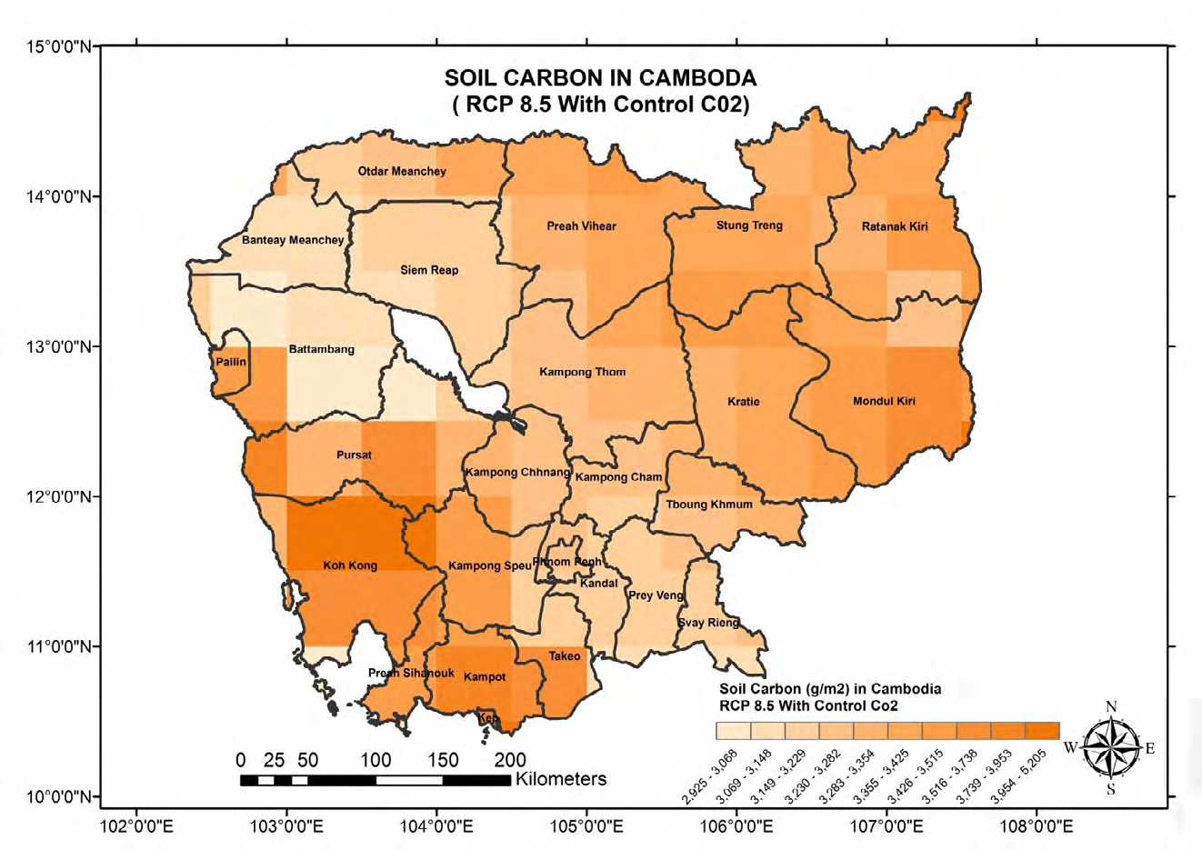 Figure 10: LPJ Simulated distribution on soil carbon in Cambodia (RCP 8.5 with control CO2)