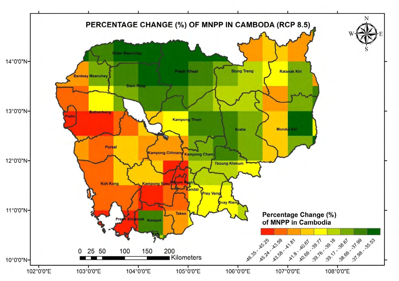 Figure 11: LPJ simulated NPP change (%) projection for whole of Cambodia under the RCP 8.5 under the two scenarios of CO2 fertilization and no-CO2 fertilization.