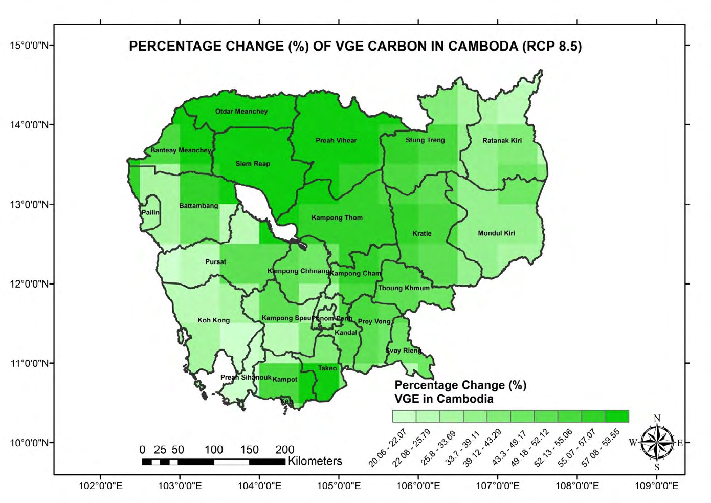 Figure 12: LPJ simulated vegetation carbon change (%) projections for Cambodia under the RCP 8.5 under the two scenarios of CO2 fertilization and no- CO2 fertilization.