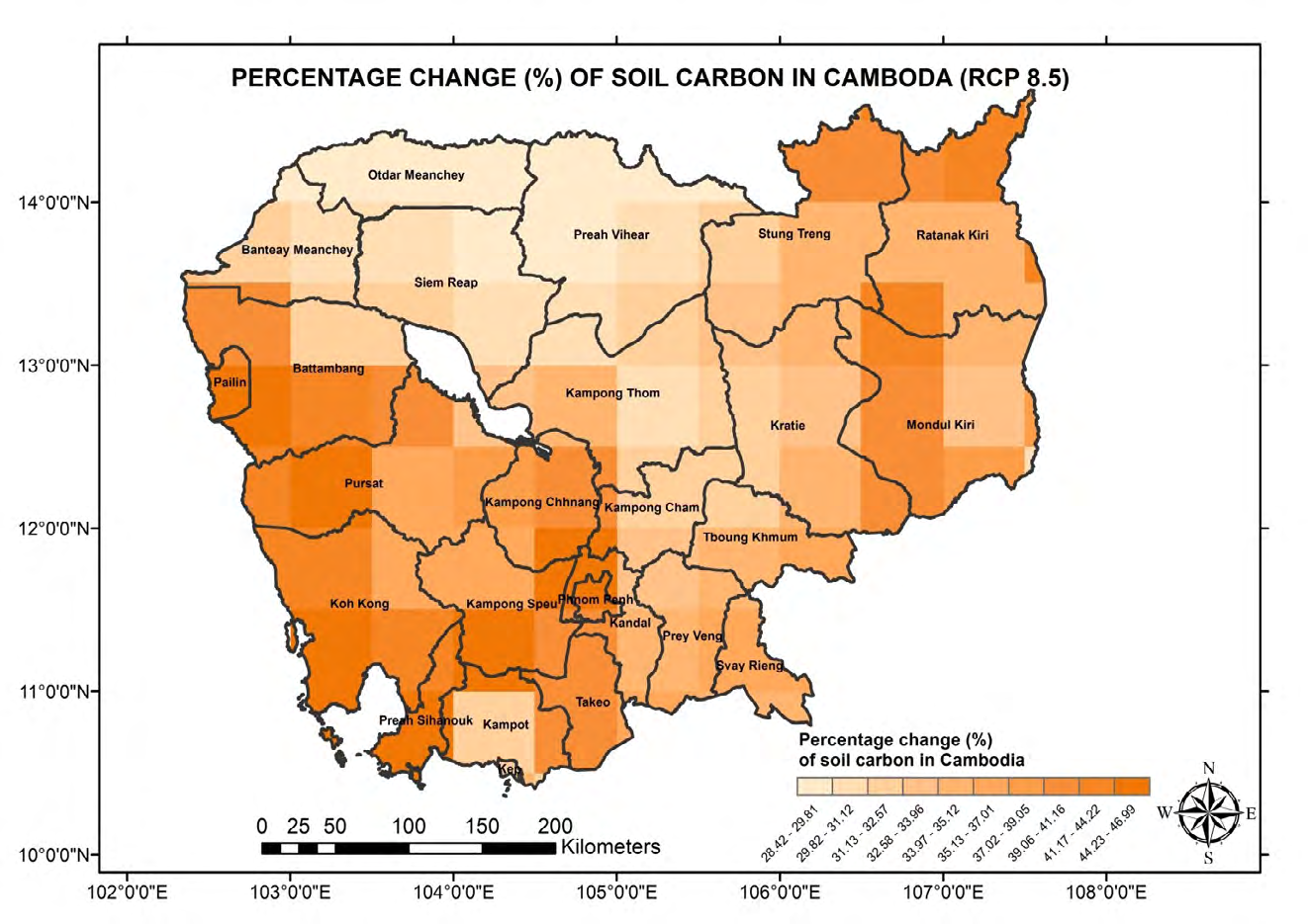 Figure 13: LPJ simulated Soil carbon change (%) projections for Cambodia under the RCP 8.5 under the two scenarios of CO2 fertilization and no-CO2 fertilization.