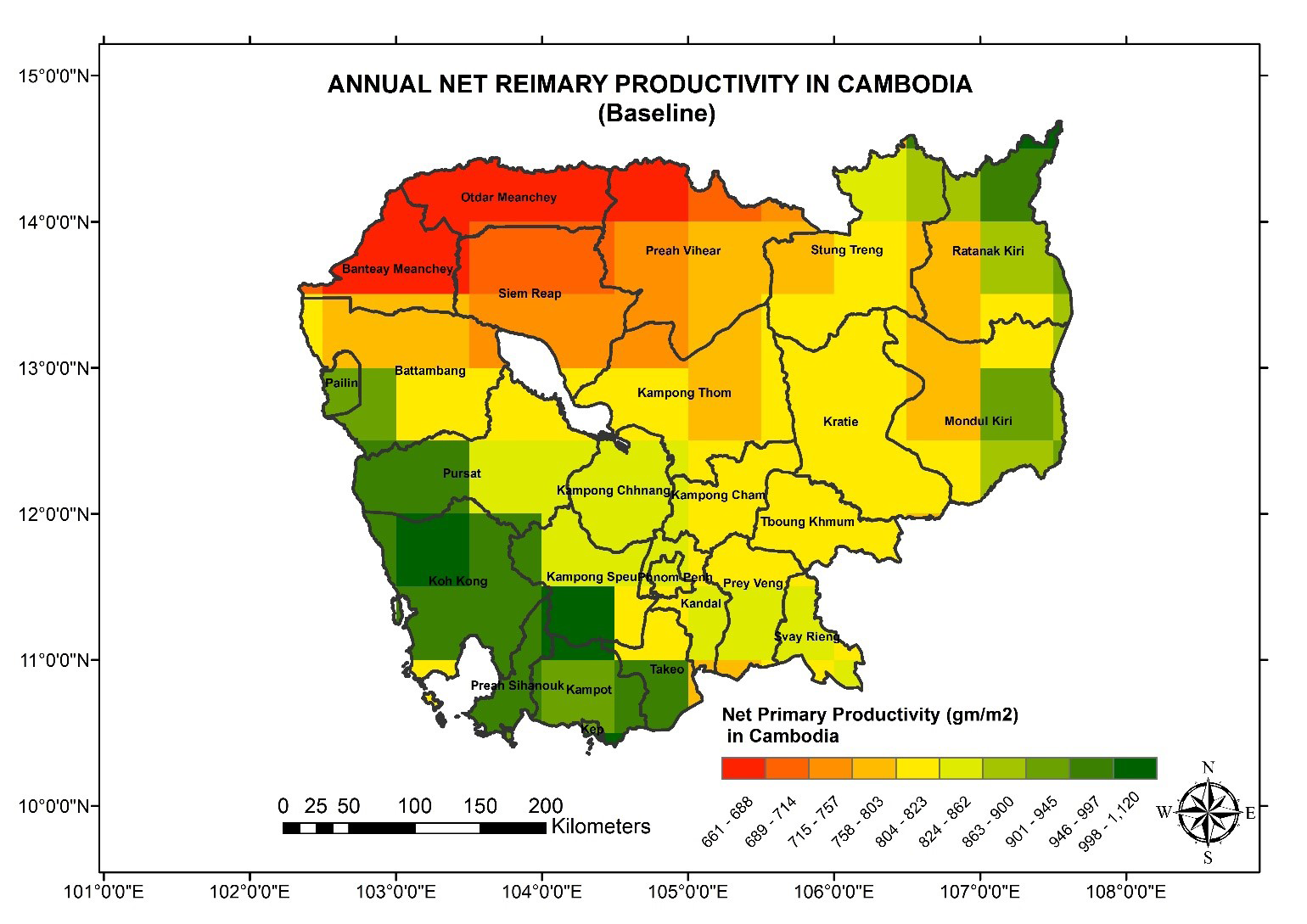 Figure 2: LPJ Simulated distribution on NPP in Cambodia (Baseline scenario).