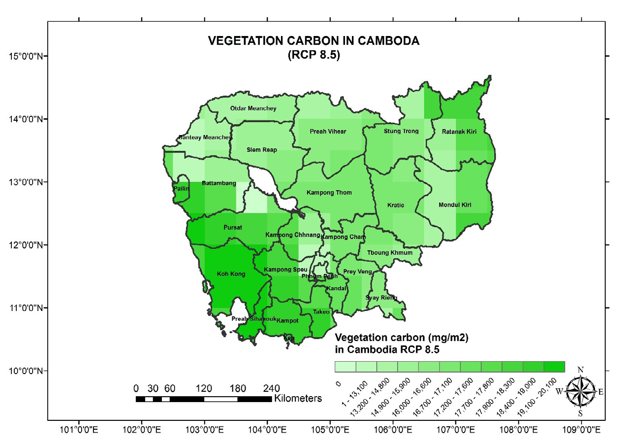 Figure 6: LPJ Simulated distribution on vegetation carbon in Cambodia (RCP 8.5 Scenario).