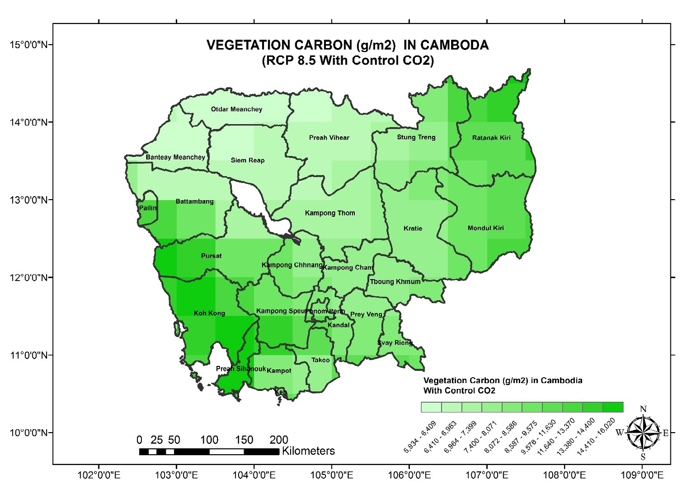 Figure 7: LPJ Simulated distribution on vegetation carbon in Cambodia (RCP 8.5 with control CO2)