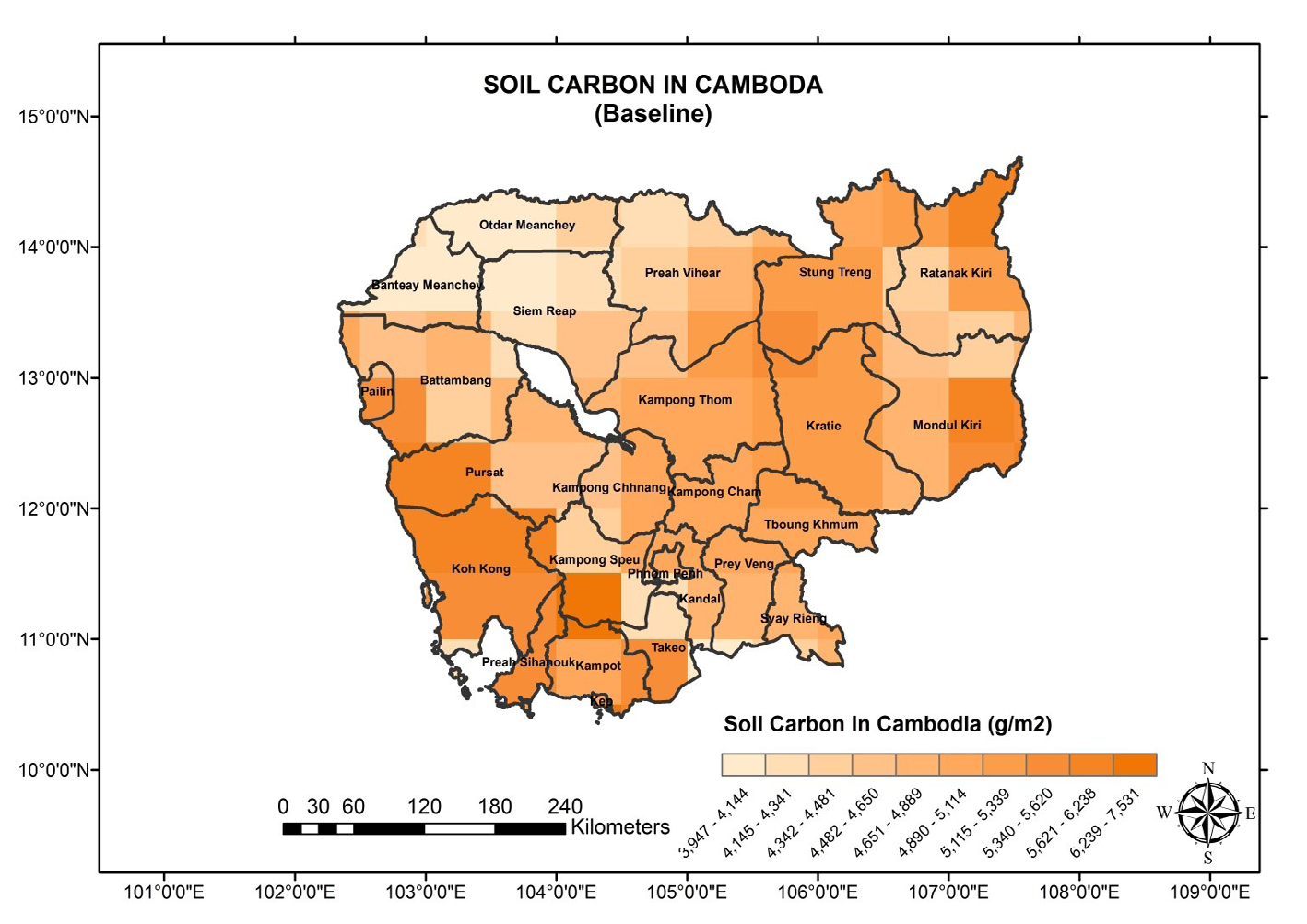 Figure 8: LPJ Simulated distribution on soil carbon in Cambodia (Baseline scenario).
