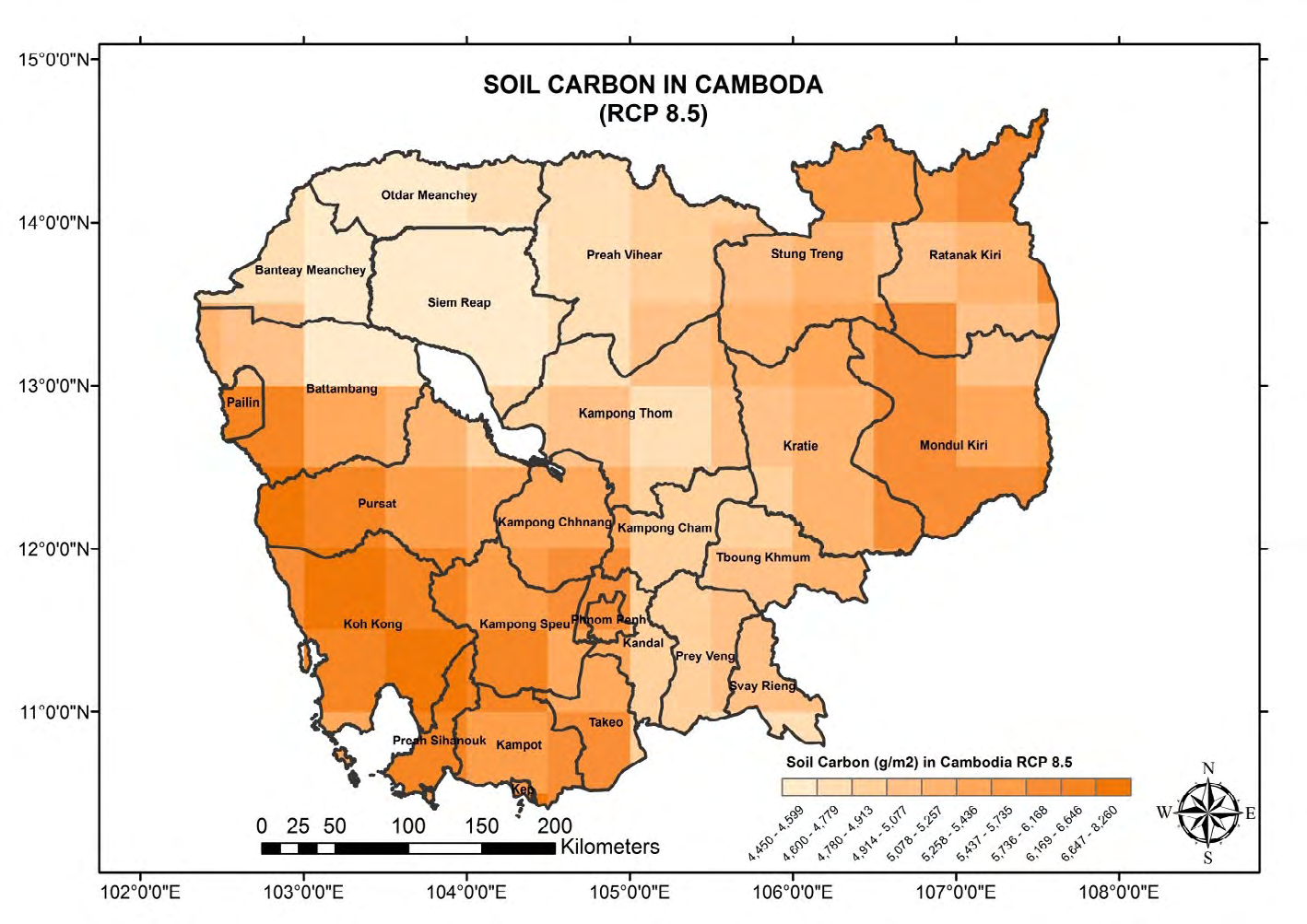 Figure 9: LPJ Simulated distribution on soil carbon in Cambodia (RCP 8.5 scenario).