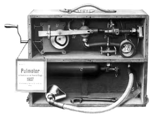 Figure 1: Pulmator of HenrichDräger, 1907. In 1929, Phillip D & Louis S [16] of Children's Hospital in Boston invented and used a non-invasive mechanical ventilation machine called the "Iron Lung" for the first time in a child with respiratory failure (Figure 2). This device reveals some immediate clinical benefit, with improvement of vital functions and survival in these children [16]. The Iron lung is a sealed metallic cylinder capable of causing the respiratory movements of the patient by creating a negative pressure inside the cylinder. The patient was to enter completely into this cylinder, leaving only the head out. However, effectiveness of this ventilation technique was limited in the case of pharyngolaryngeal paralysis or in the absence of control of airway secretions. About 80% of the cases, which mainly concerned children and young adults, did not survival.