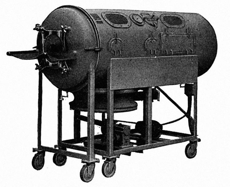 Figure 2: Irong lung of Drinker & Shaw, 1928. During the 1950s, the polio epidemic spread to Europe. In front of this disease, which is cause for permanent respiratory paralysis leading to death, terror and fear had spreaded at all sections of the population, whether in Europe or the United States [17]. In 1949, a French center for the treatment of polio sequelae was created at the Raymond Poincaré Hospital, headed by André G [18]. Patients were described with lung involvement leading to respiratory assistance by lung of steel or with a cuirass [18]. In 1952, doctors Henry L [19] and Bjørn Ibsende of the Copenhagen hospital decided to use a technique that had already proven itself in heavy surgery [19]. This technique involves introducing a tube into the patient's trachea to bring air into the lungs by manual pressure on a ventilation balloon with a mixture of air and oxygen. This technique had as main advantage the management of the airway secretions by the tube, but two major disadvantages, the patients had to be assisted 24/24H (i.e. medical staff, they had to take turns, for manually ventilate the patients) and there was a risk of infection. Thereafter, doctors used an old technique: tracheotomy which is a surgical incision of the trachea in which a cannula is inserted (Figure 3).