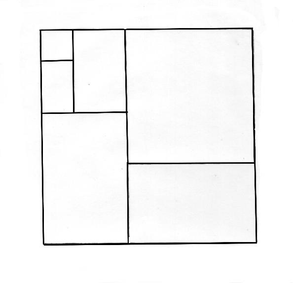 Figure 2: Self-similarity achieved by a series of subdivisions of a square, according to the ratios of the numbers of a Fibonacci series 1; 1; 2; 3; 5; 8; 13; 21; 34; 55; 89;… (see also [1]). The ratio’s 1/2, 2/5, 3/8, 5/13, 8/21, 13/34, 21/55, 34/89,... equal the following, fluctuating but convergent sequence: 0.500; 0.400; 0.375; 0.385; 0.3809; 0.3824; 0.3818; 0.3820; 0.3819… which is related to the so-called (inverted) ‘golden ratio’ (see also legend to Figure 4).