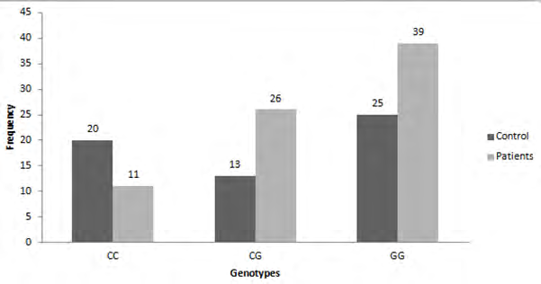 Figure 7: Genotype frequencies of the RETN -420C>G among study population.