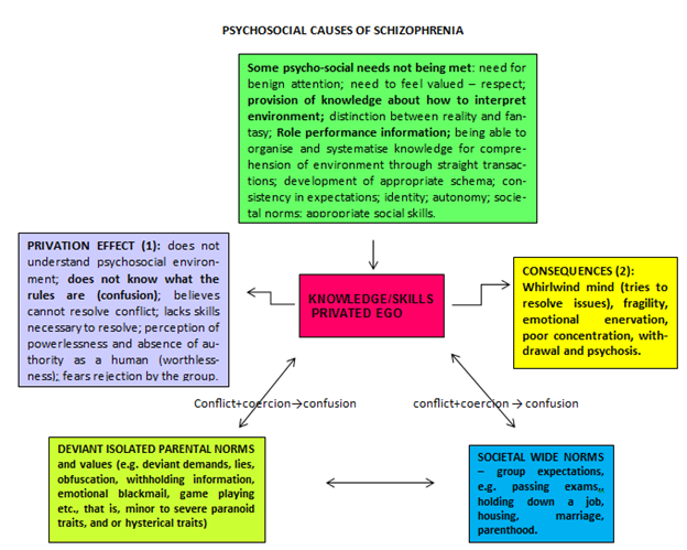 Figure 4: Dynamics of three competing and seemingly non-reconcilable psychosocial forces leading to psychosis.