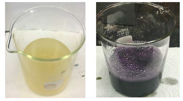 Figure 11: Left-7.5 wt% HCl and 7.5 wt% HEDTA acid-solution before the reaction; Right-effluent solution after reaction.