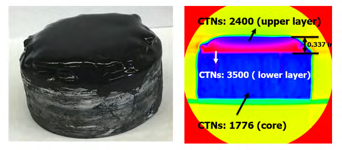 Figure 4: Left-Bandera sandstone core with filter cake after static filtration at 300 psi and 250°F; Right-two layers of the filter cake using CT scan.