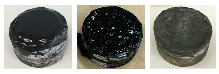 Figure 7: Left-filter cake after static filtration at 300 psi and 250°F; Middle-remaining filter cake after soaking for six hours with 7.5 wt% HCl at 300 psi and 250°F; Right-remaining filter cake after drying at 212°F for three hours.