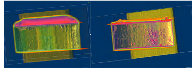Figure 8: Left-3D model of the CT image of the filter cake and disk after static filtration at 300 psi and 250°F; Right-3D model of the CT image of the filter cake and disk after treating with 7.5 wt% HCl for six hours at 300 psi and 250°F.