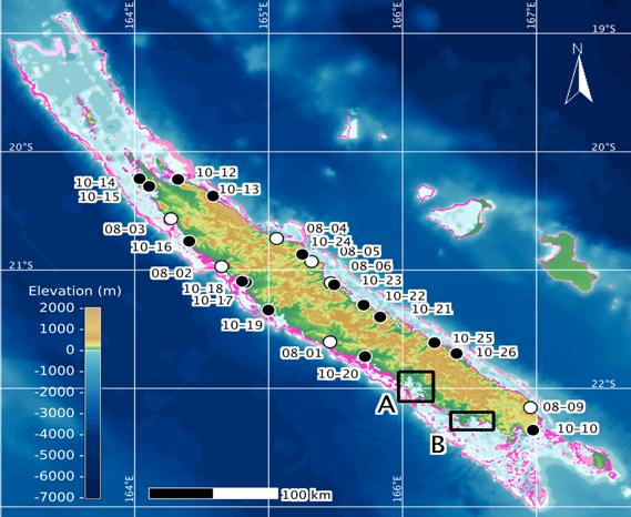 Figure 2: Map of Grande Terre, New Caledonia (after General Bathymetric Chart of the Oceans, 2010), with detailed insets of (A) the Baie de St. Vincent and (B) the Nouméan peninsula and Mt. Dore (after DTSI, 2009, 2010). Coral reefs (after Andréfouët et al., 2005) in dark pink shallow, pink (intermediate depth) , and light pink (deep). Circles represent sampling locations from 2008 (white) and 2010 (black). Legend shows elevation in meters above means sea level.