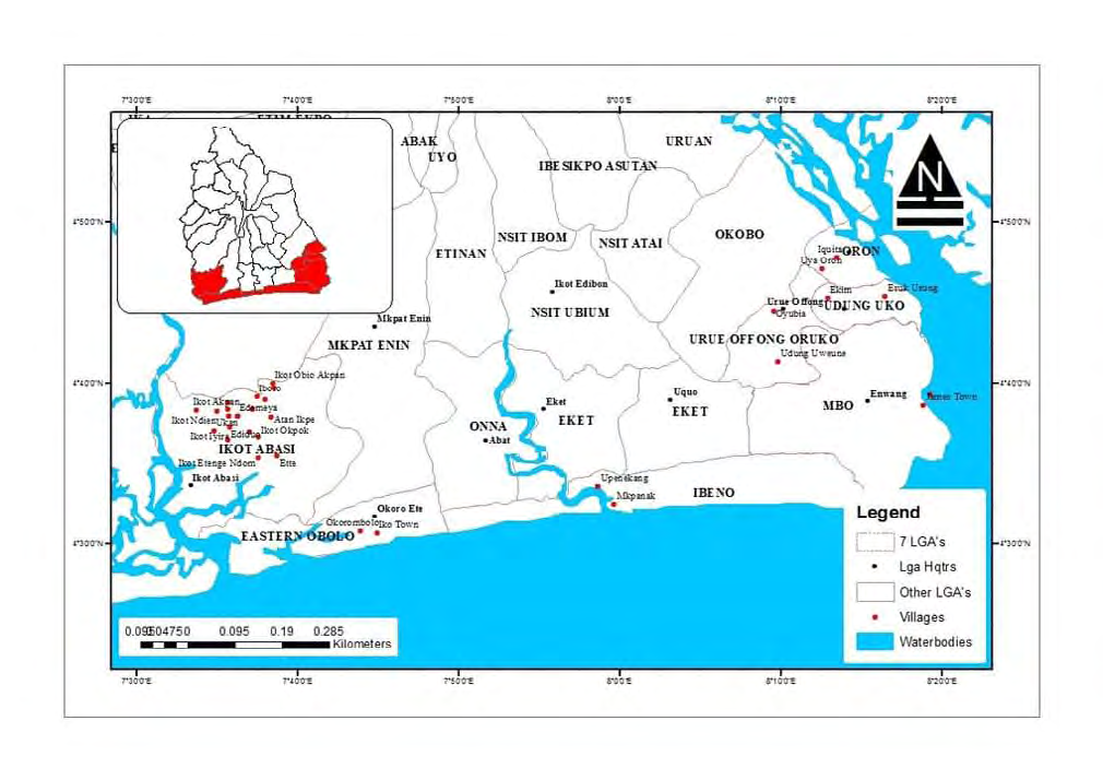 Figure 3: Map of Southern Akwa Ibom State showing the sampled communities Source: Survey Division, Akwa Ibom State