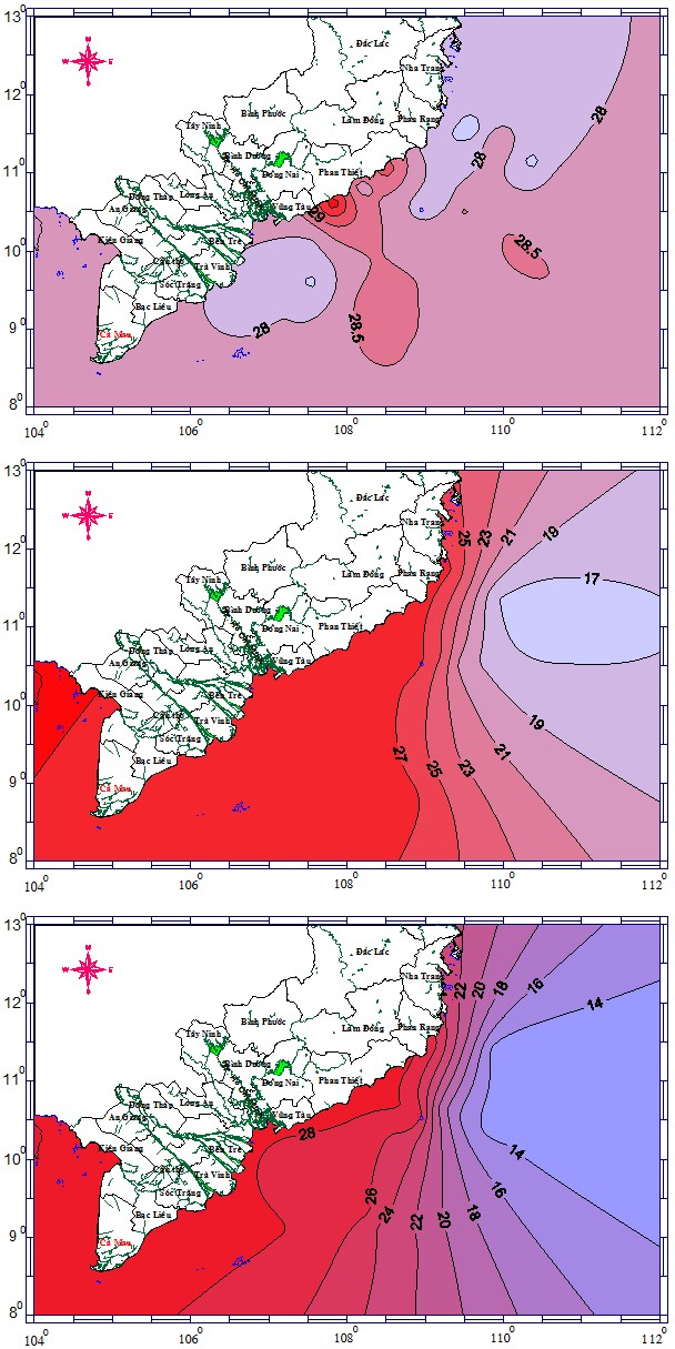 Figure 2: temperature distribution of surface layer (a), middle layer (b) and bottom layer (c) in northeast monsoon season.