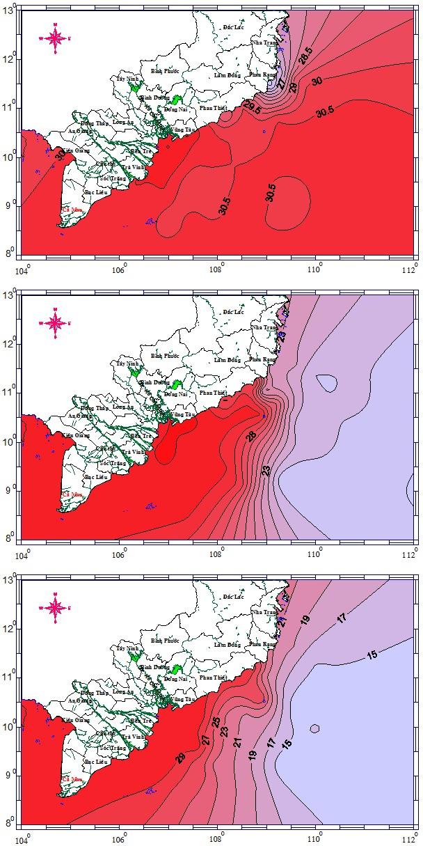 Figure 3: temperature distribution of surface layer (a), middle layer (b) and bottom layer (c) in southwest monsoon season.