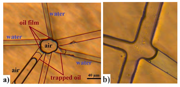Figure 9: a) The existence of trapped oil and oil film in the same location where all three phases are present b) Gas- water contact in the positive oil spreading system.