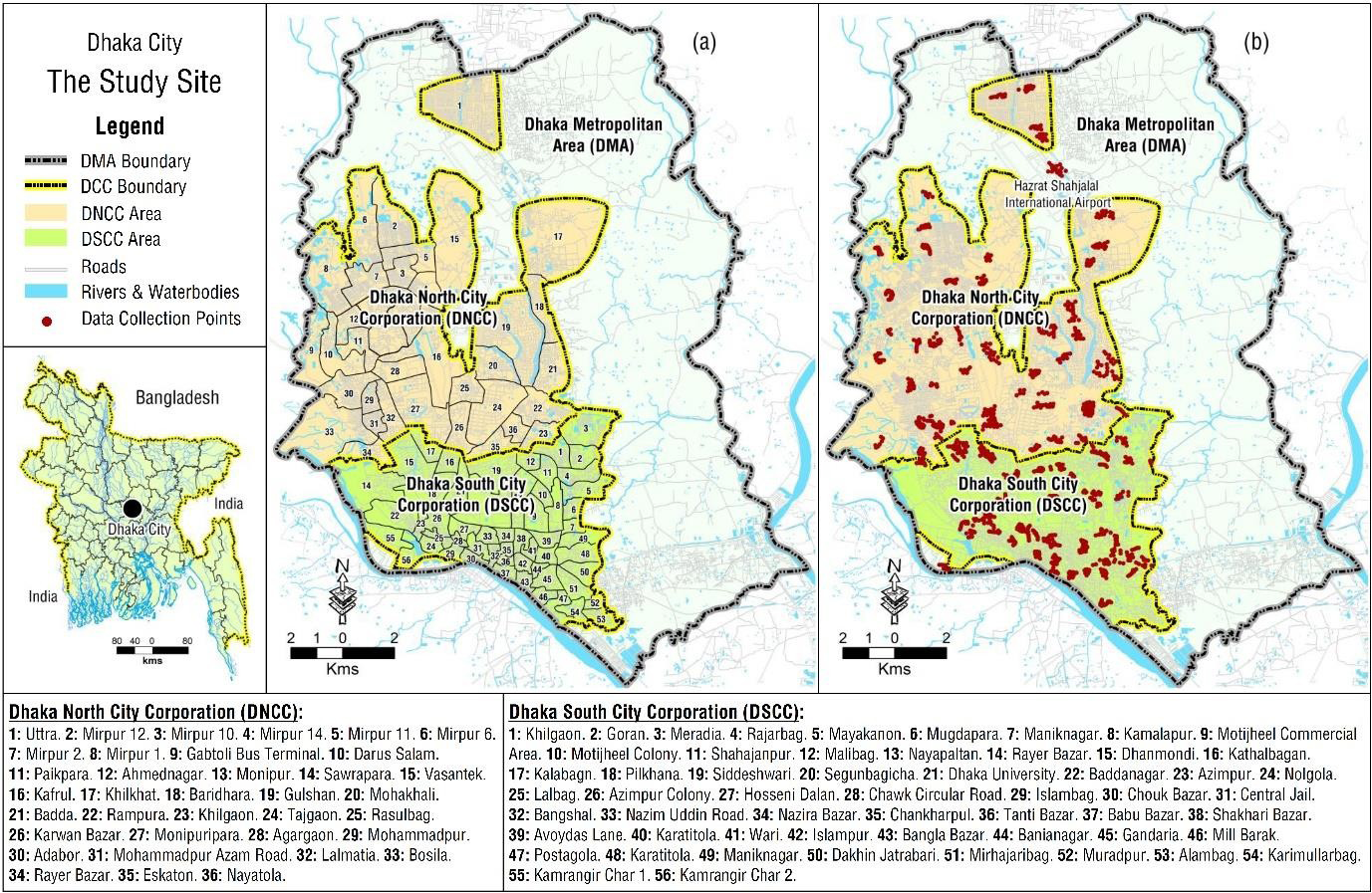 Figure 2: The study site and the study points for larvae and pupae information: (a) Administrative Wards in Dhaka City; and (b) selected points in Dhaka City for entomological survey. It is noted that there are two different administrative units in Dhaka city, and they are Dhaka North City Corporation and Dhaka South City Corporation.